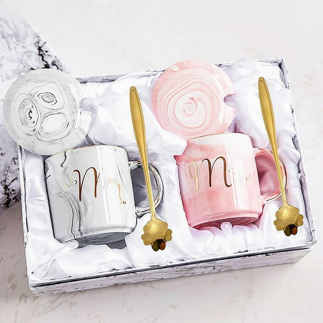 Juego de tazas de café para parejas, tazas de café para novios, taza de cerámica con cuchara, regalo para bodas, San Valentín, Navidad