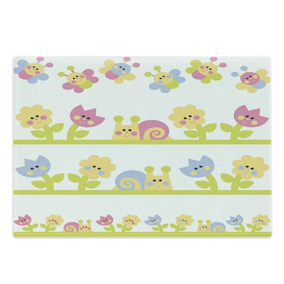 Tulip Cutting Board, Cartoon Character Bees Tulip and Daisy Flowers Snails Garden Pattern, Decorative Tempered Glass Cutting and Serving Board, Large Size, Pale Green Pale Blue, by Ambesonne
