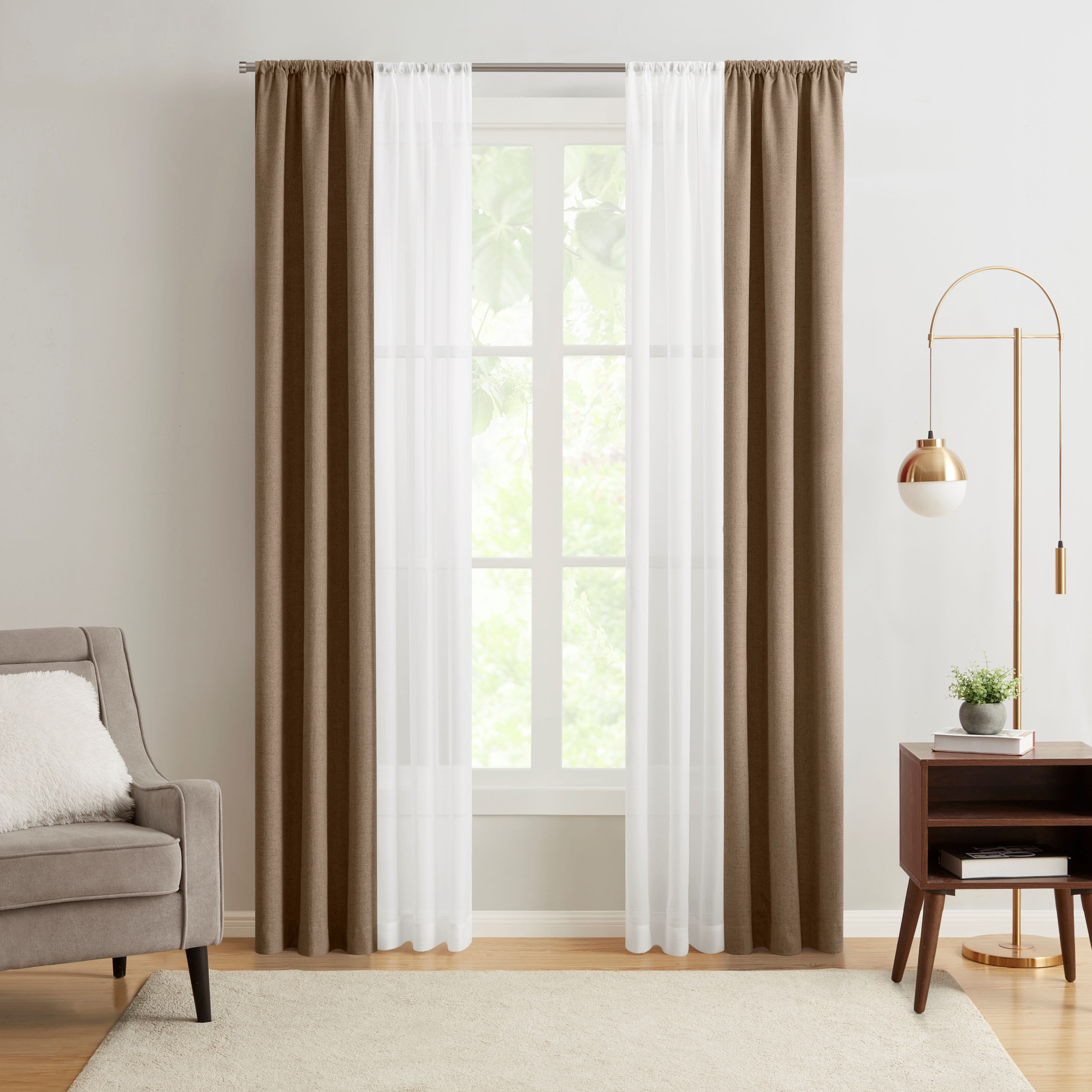 Mainstays Solid Twill Blackout Curtain Panel and Sheers, Set of 4, Brown Bag, 27.5" W x 95" L