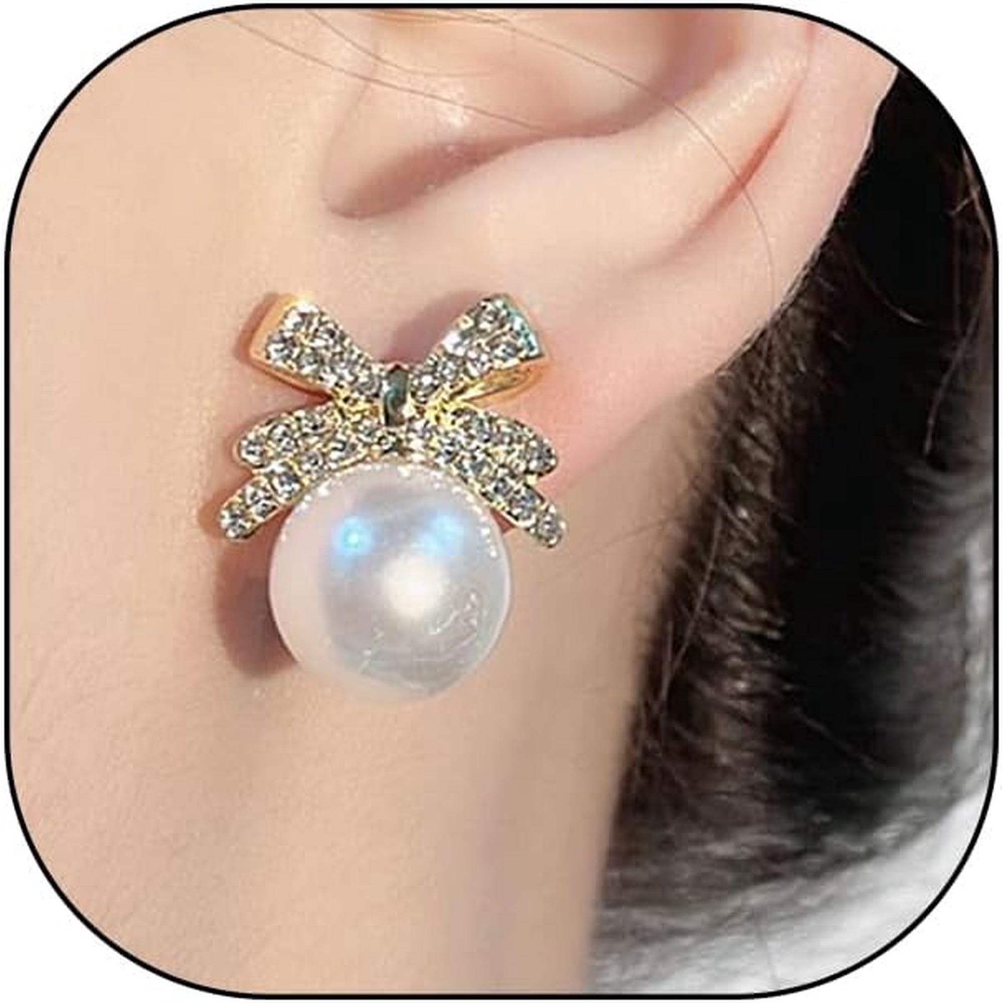 Gold Crystal Bow Pearl Ball Dangle Big Stud Earrings for Women,Glitter Rhinestone Bow Knot Christmas Coquette Earrings Holiday Party Aesthetic Jewelry