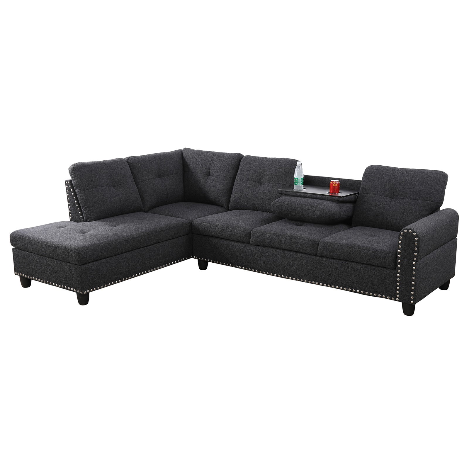 Hommoo Linen Living Room Furniture Set, Modern Nailhead Trim L-Shaped Sectional Couch and Sofa Set with Cup Holder, Left Side, Black Grey