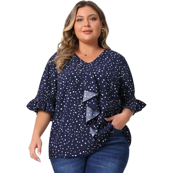 DARING DIVA Women's Plus Ruffle Loose V Neck Smocked Sleeves Top 4X Dark Blue