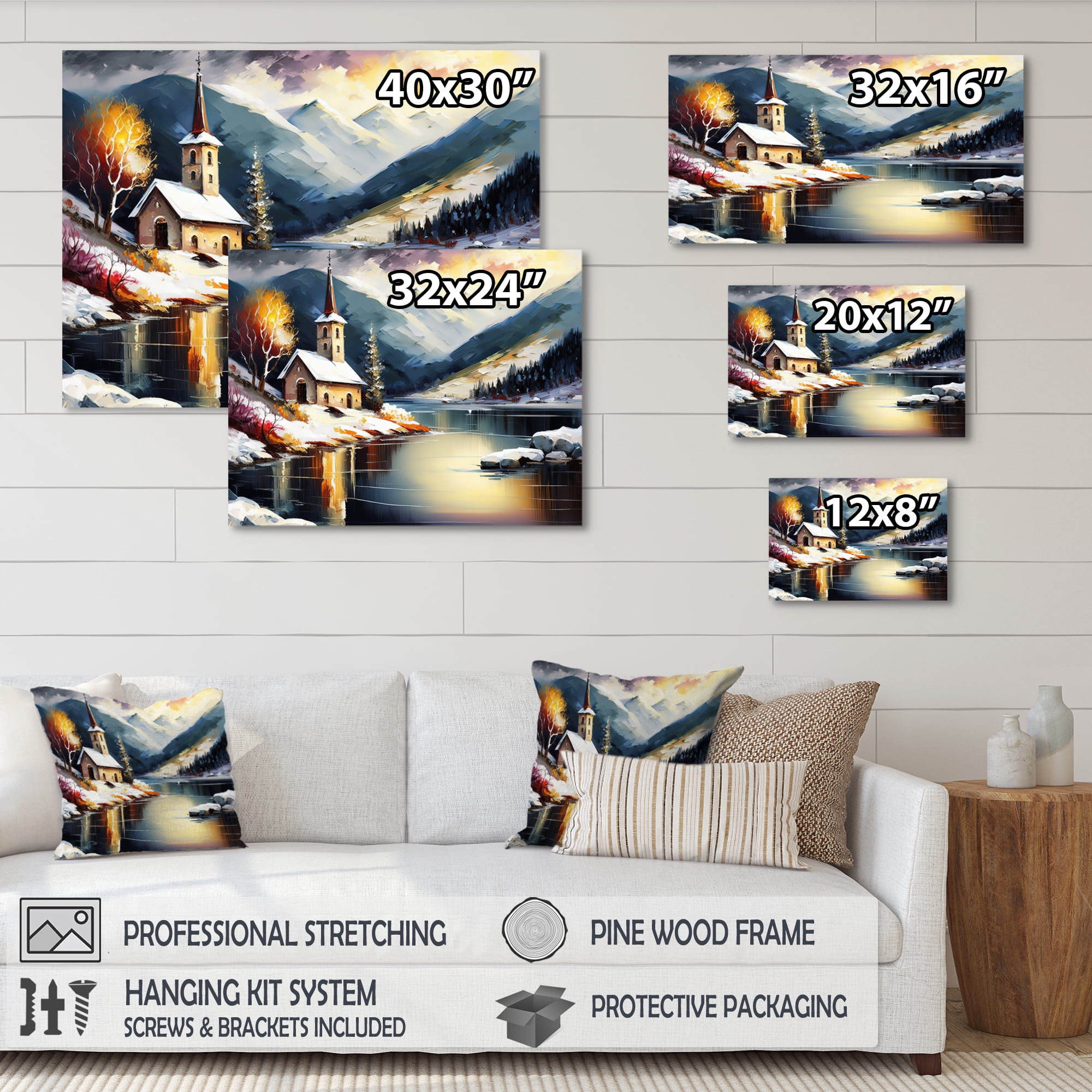 Designart Church On A Lake In Winter IV Canvas Wall Art