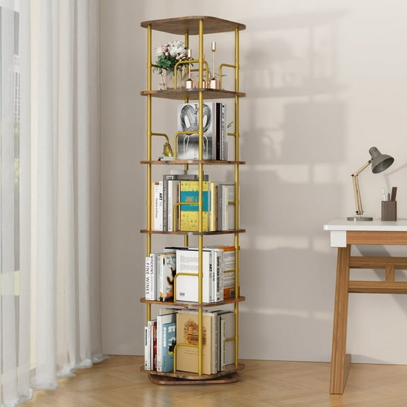 5 Tier Rotating Bookshelf, 360° Spinning Bookshelf Tower,Space Saving Floor Standing Corner Storage Organizer for Small Spaces, Square Revolving Bookcase for Home Office Living Room, Gold