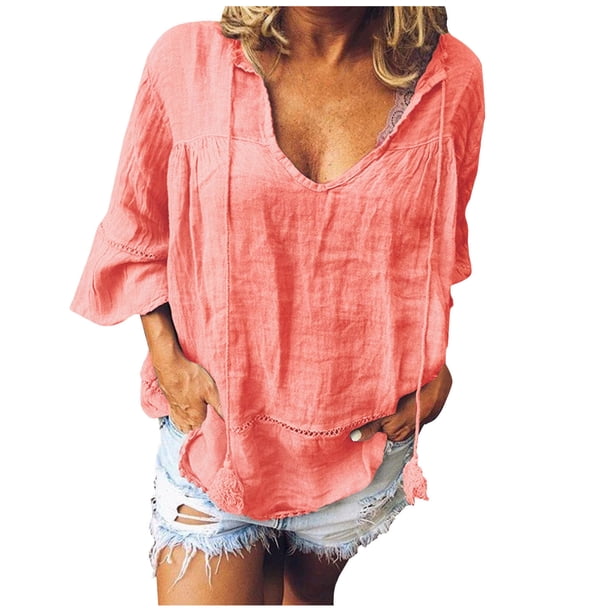 Blusa sólida Wmkox8yi moda mujer verano casual 1/2 manga cuello redondo
