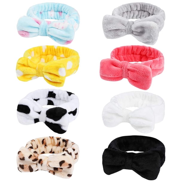 Paquete de 8 diademas de spa, diadema de maquillaje de lana coral, diadema cosmética para lavar la cara, diademas con lazo para ducha, diademas de tela de rizo para mujeres, banda para el cabello faci