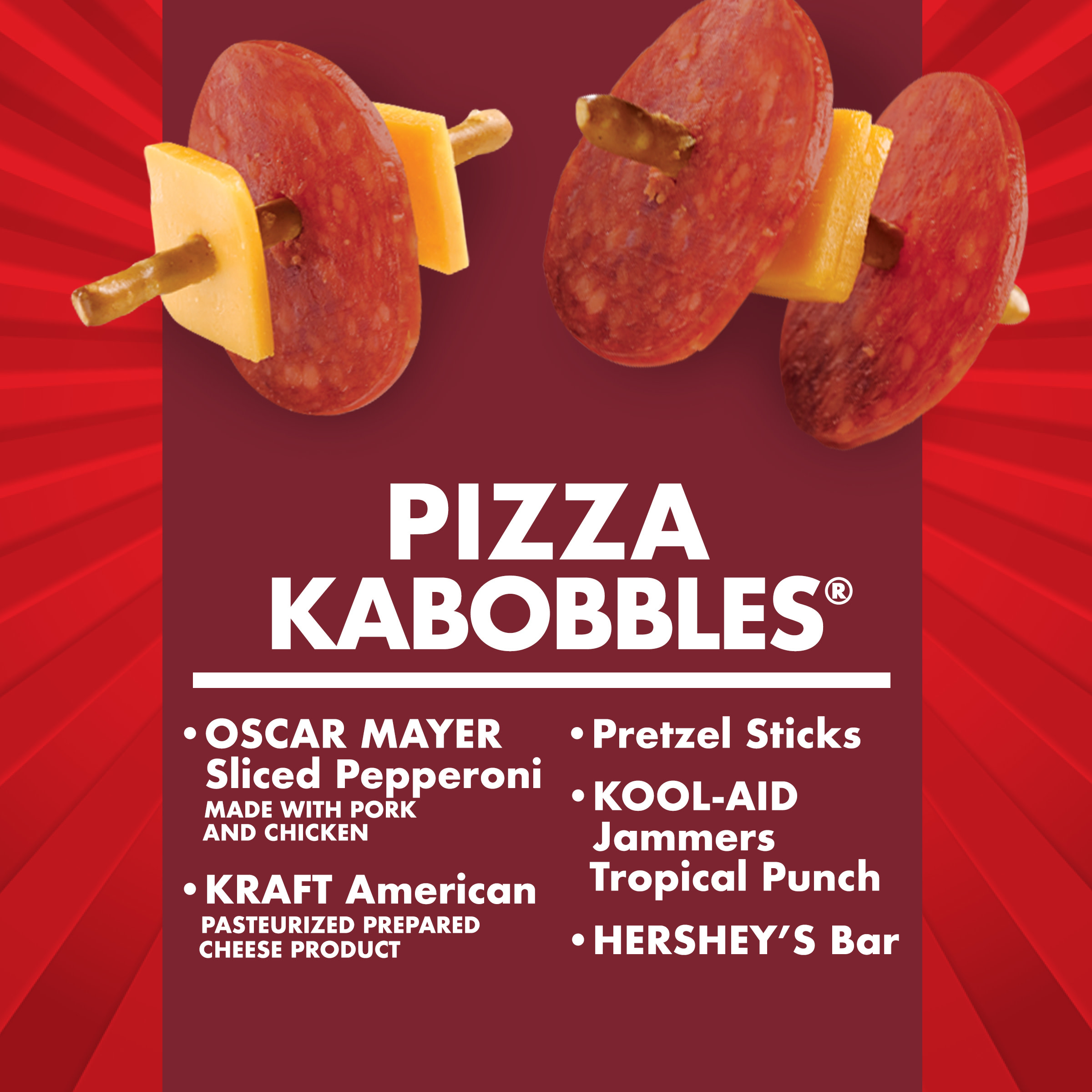 Lunchables Pepperoni Kabobbles Meal Kit with American Cheese, Pretzel Sticks, Kool-Aid Jammers Tropical Punch Drink & Hershey's Bar, 8 oz Box - image 2 of 14