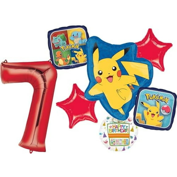 Anagram 7th Birthday Party Supplies 7pc Pikachu Foil Balloon Bouquet Decorations