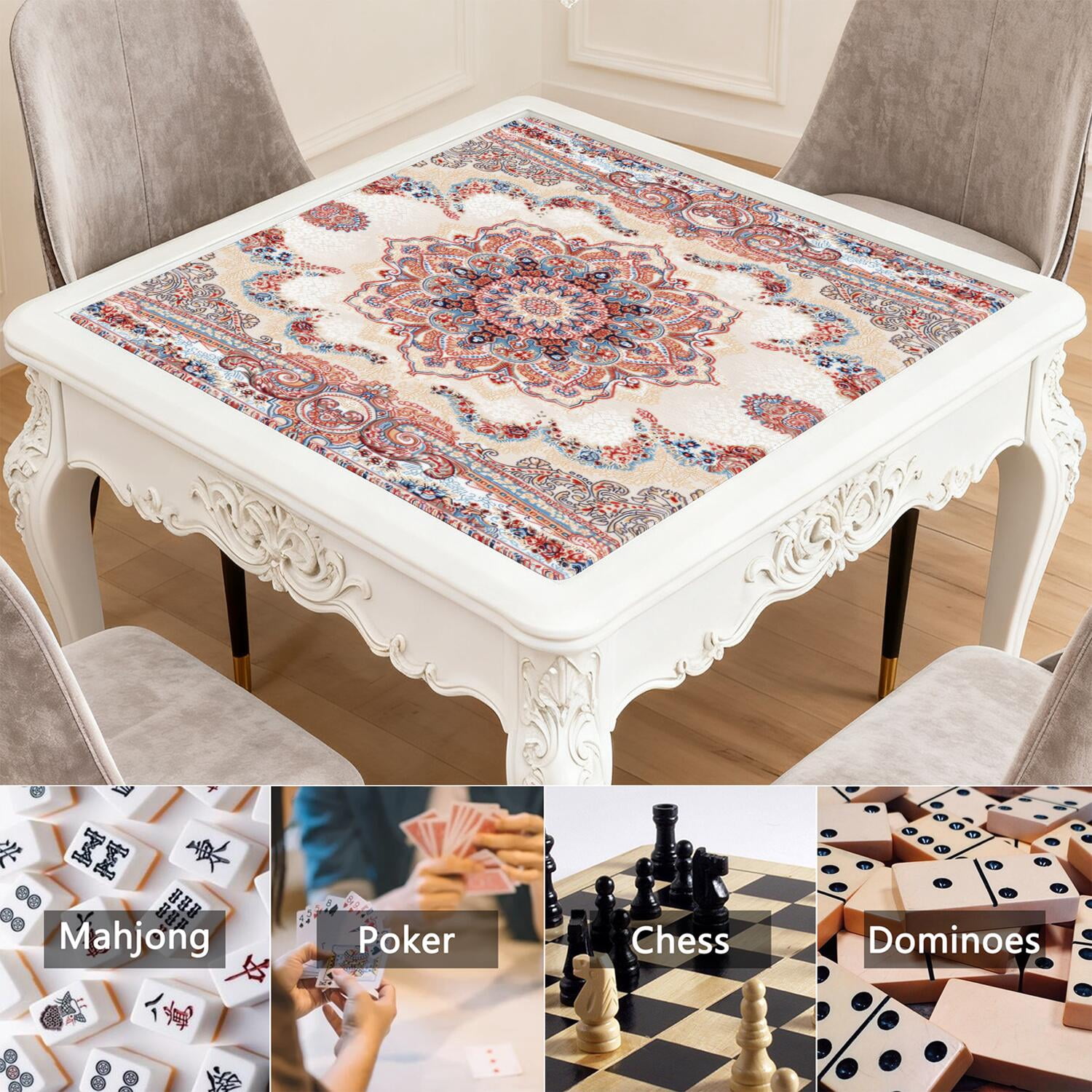 31.5x31.5 Boho Style Game Table Mat, Professional Rubber Mahjong Pad with Non-Slip Grip and Noise Dampening, Perfect for Card Games Board Games and Family Night