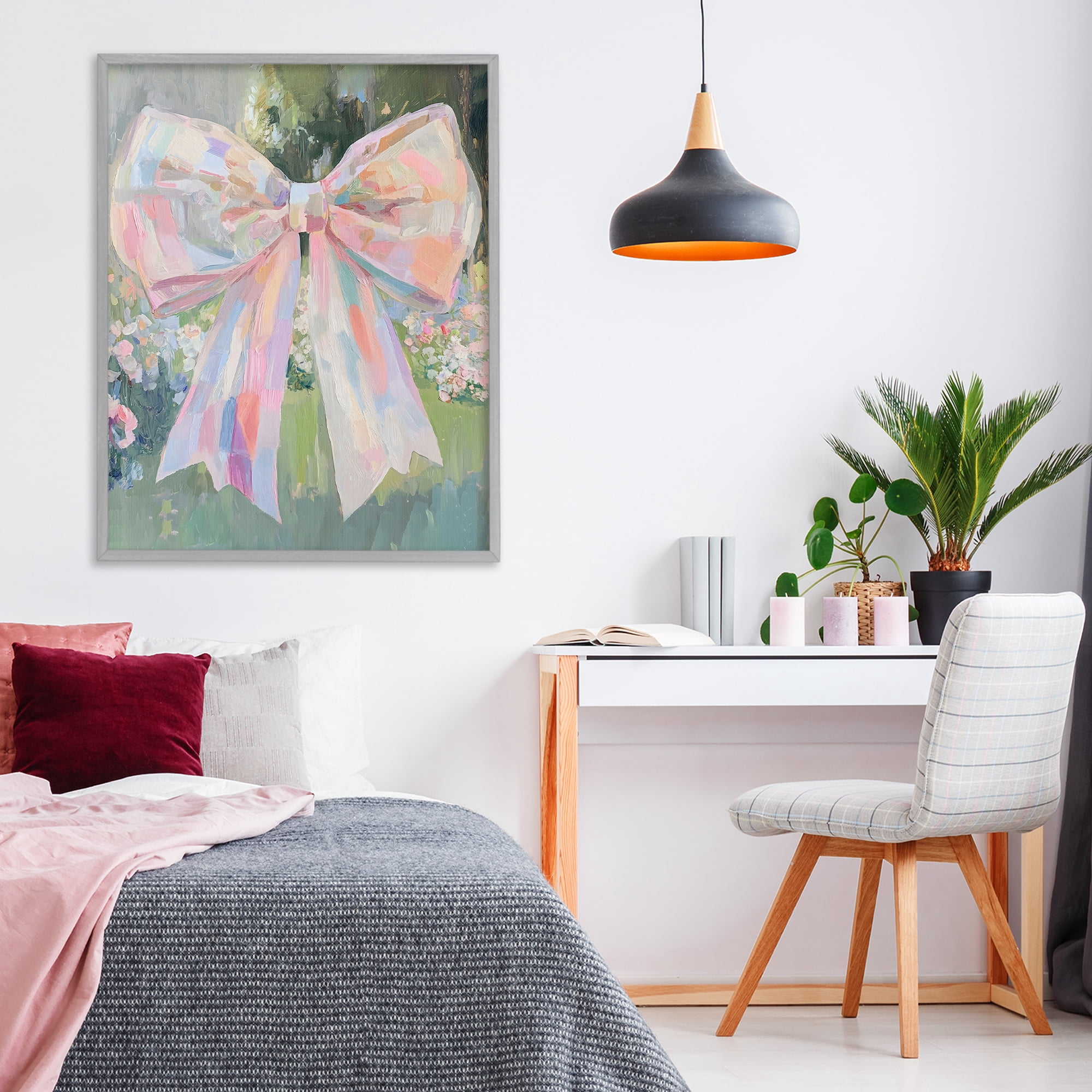 Stupell Industries Iridescent Pink Bow in Garden Gray Framed Giclee Art, design by The Prints Vibe