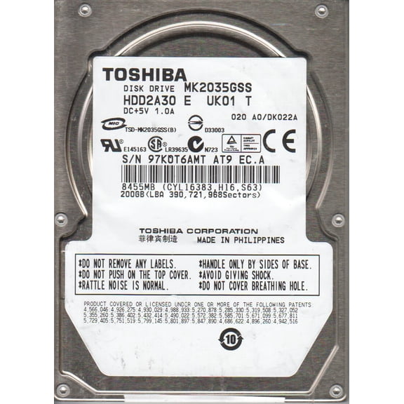 MK2035GSS, A0/DK022A, HDD2A30 E UK01 T, Toshiba 200GB SATA 2.5 Hard Drive