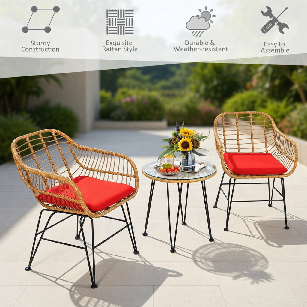 Hommoo 3-Piece Rattan Outdoor Furniture Set, 2 Cushioned Chairs + Tempered Glass Coffee Table, Weather-Resistant, Indoor/Outdoor Use, Red