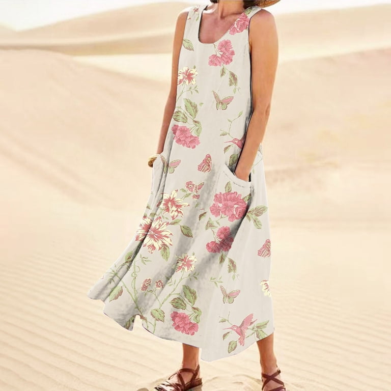 Ovticza Cute Summer Dresses for Women Trendy Boho Flowy Maternity Maxi  Dresses Floral Tank Long Sundresses Sleeveless Cotton Linen Sundresses Over  50 with Pockets Pink L - Walmart.com