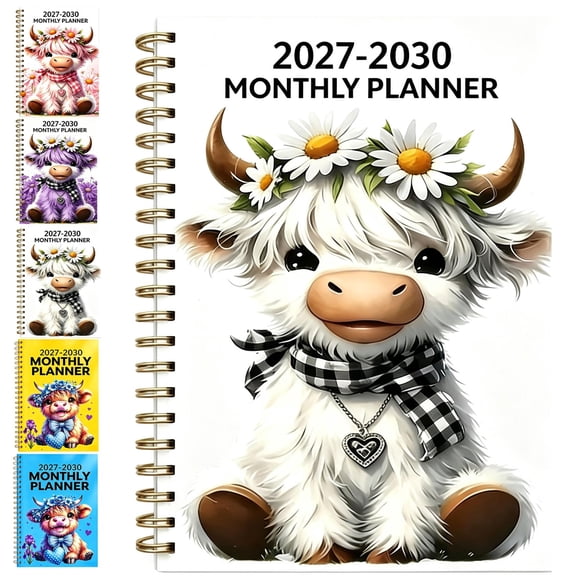 Highland Cow 2027-2030 Calendar Monthly Planner - 4 Year Planner,Annual Calendar Planner, Spiral Wirebound, Coated Monthly Tabs, Notes ＆ Habit Tracker, for Long-Term Planning