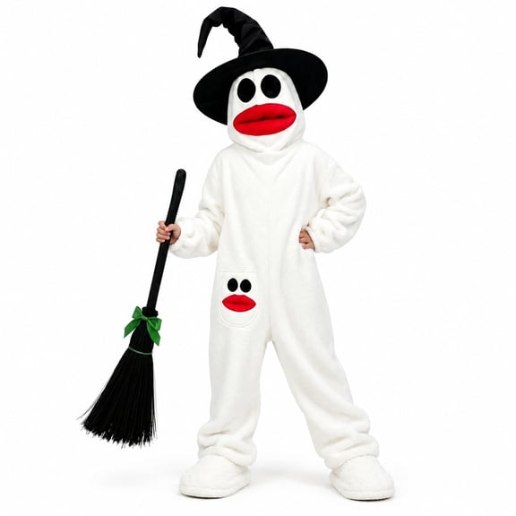 REDARER Kids Halloween Ghost Jumpsuit Plush Hooded Onesie with Witch Hat Funny Lip Face Design for Trick or Treat Party DressâUp Outfit,12-13 Years