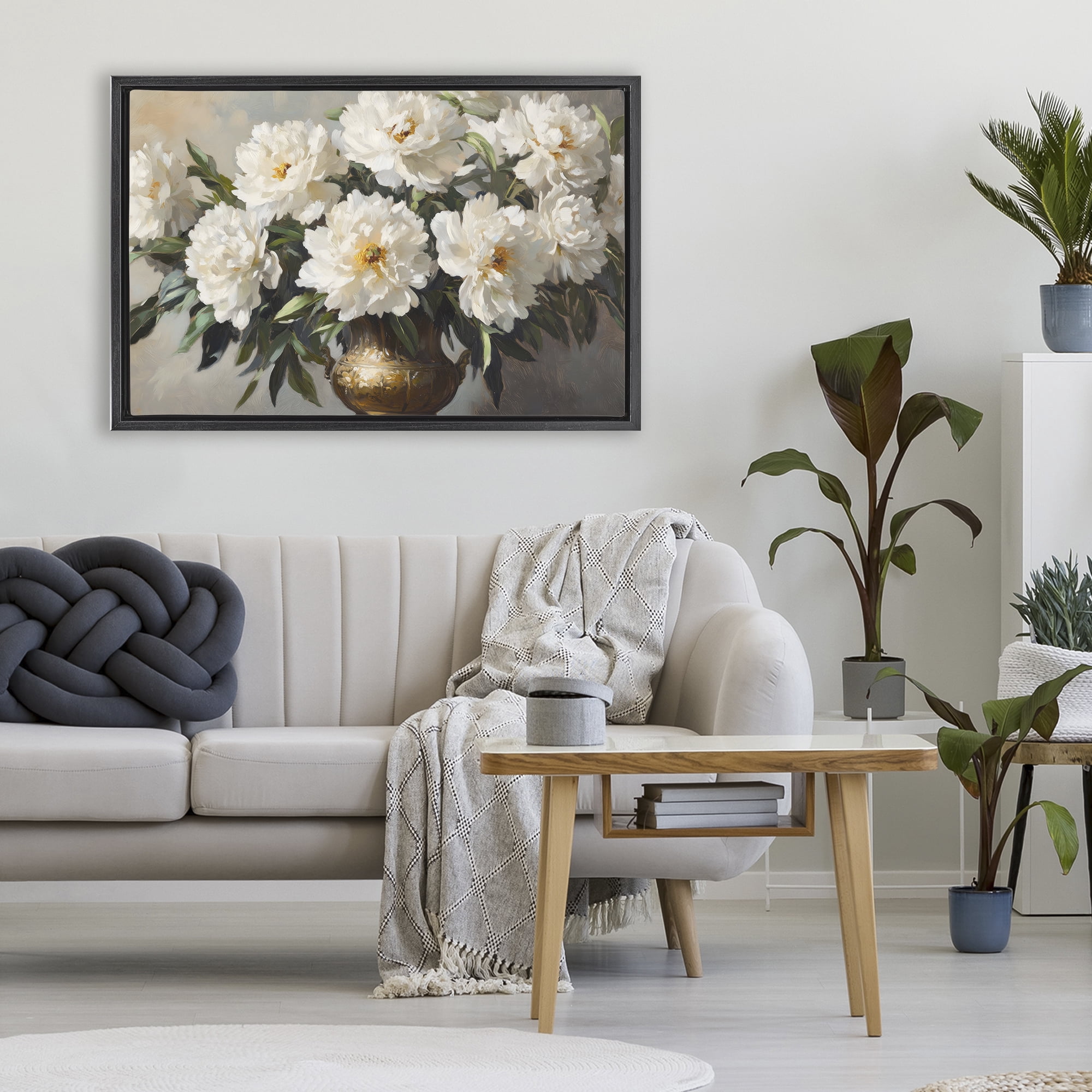 Stupell Industries Golden Vase with Peonies Black Framed Floater Canvas Wall Art, design by Petal Prints Design
