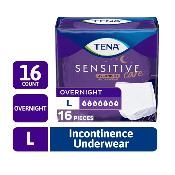 TENA Sensitive Care Overnight Incontinence Underwear, L, 16 count (Waist size 32in-42in)
