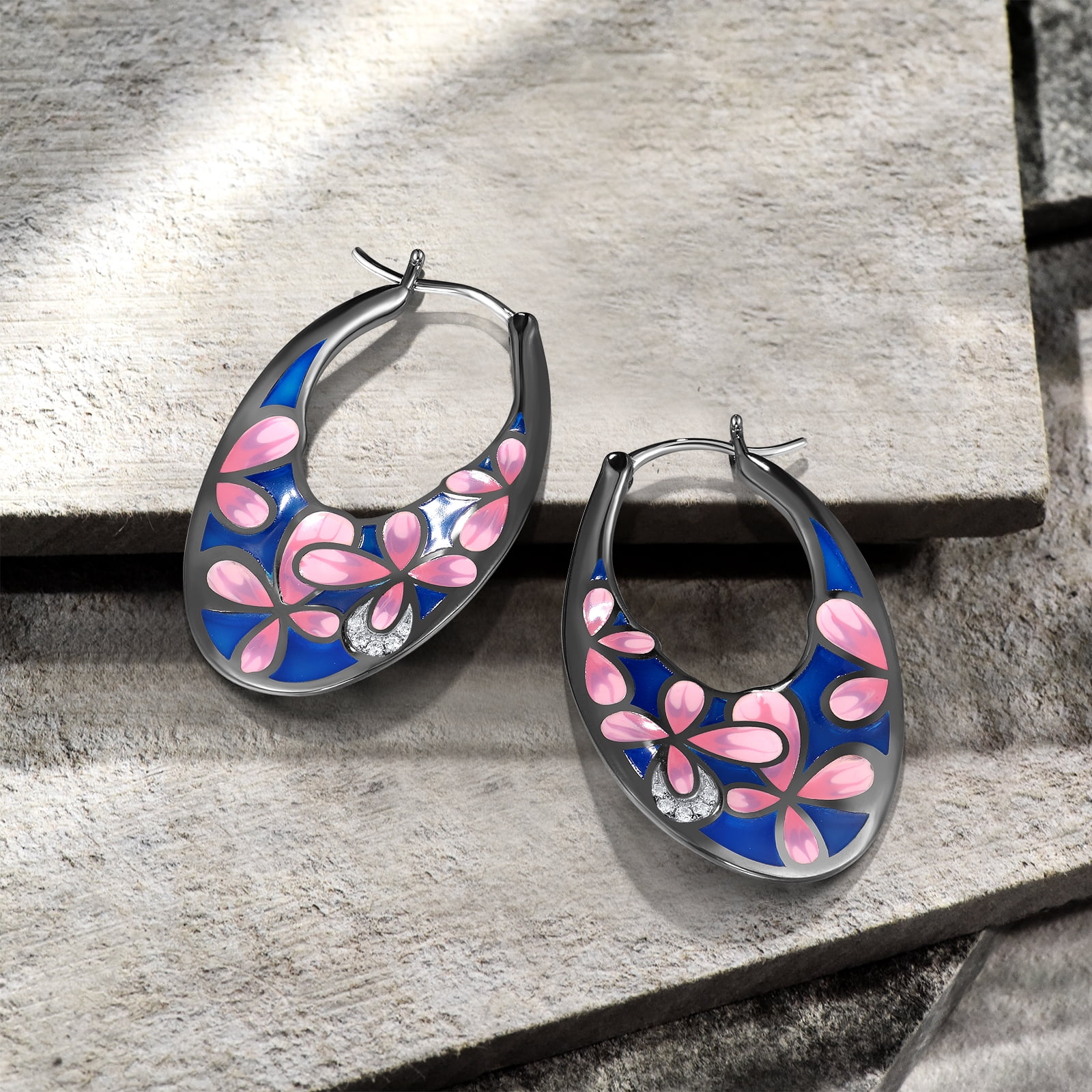 Santuzza Sakura Earrings 925 Sterling Silver Enamel Cherry Blossom Pink Flower Hoop Earrings for Women