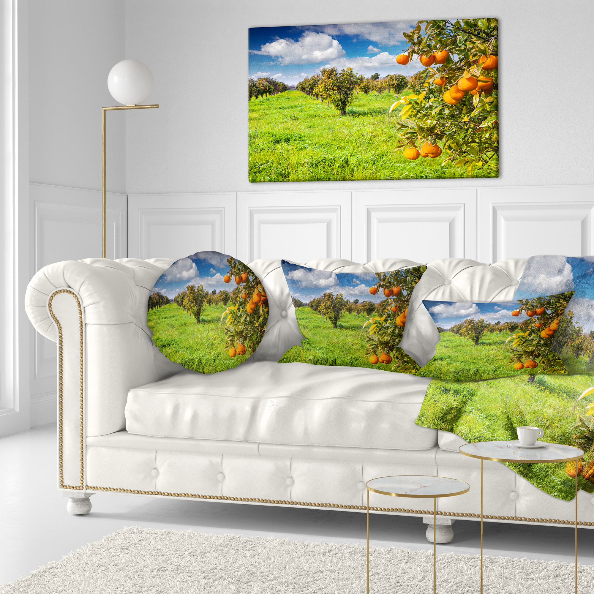 Designart Bright Green Grass in Orange Garden - Landscape Printed Throw Pillow - 12x20
