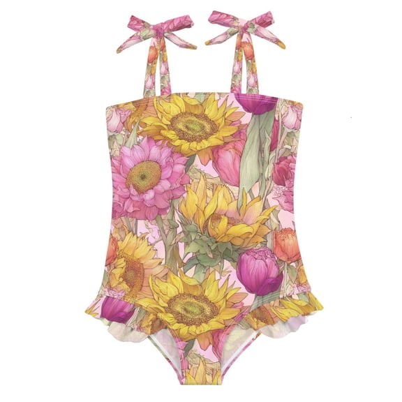 Girls' One-Piece Swimwear Bowknot Strap Swimsuit,Detailed Illustration Of Tulips Printed Teen Swimwear for Resort Beach Water Park 18M