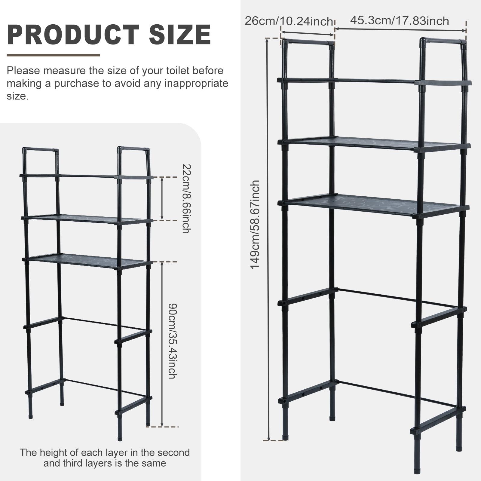 Dznils Over the Toilet Storage Shelf, 3-Tier Steel Bathroom Storage Organizer Space Saver, Black