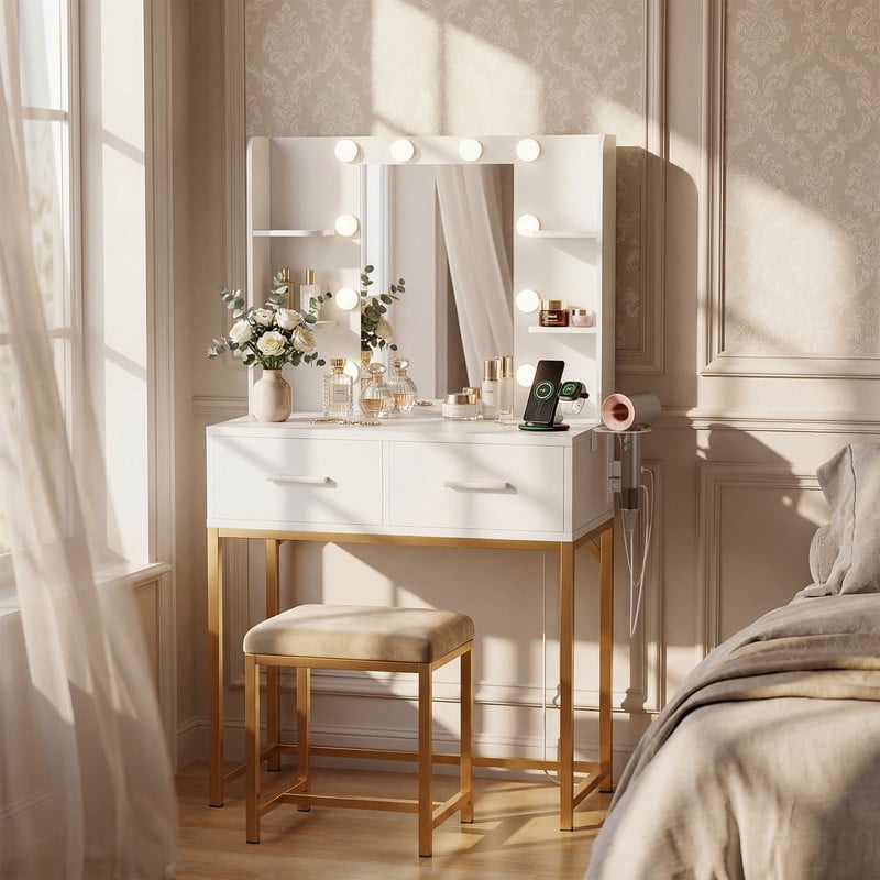 Treevan White & Gold Makeup Vanity Desk with Hollywood LED Mirror, Charging Station, 3 Color Dimmable Lights for Bedroom