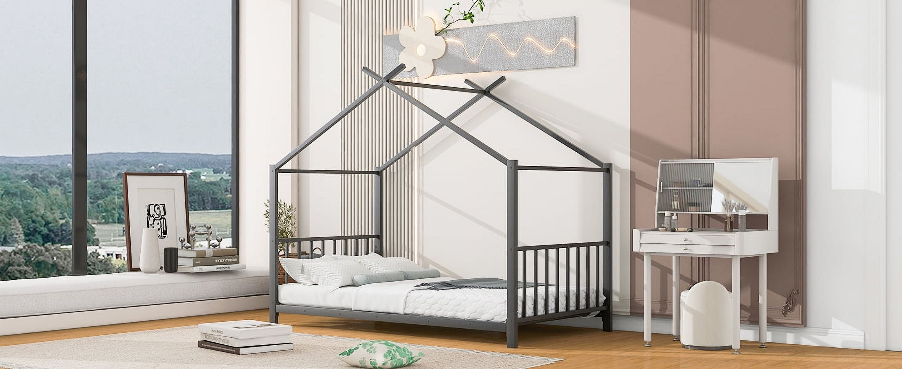 Yoneston Twin Size Kids Metal House Platform Bed Frame with Roof for Child, No Spring Needed, Black