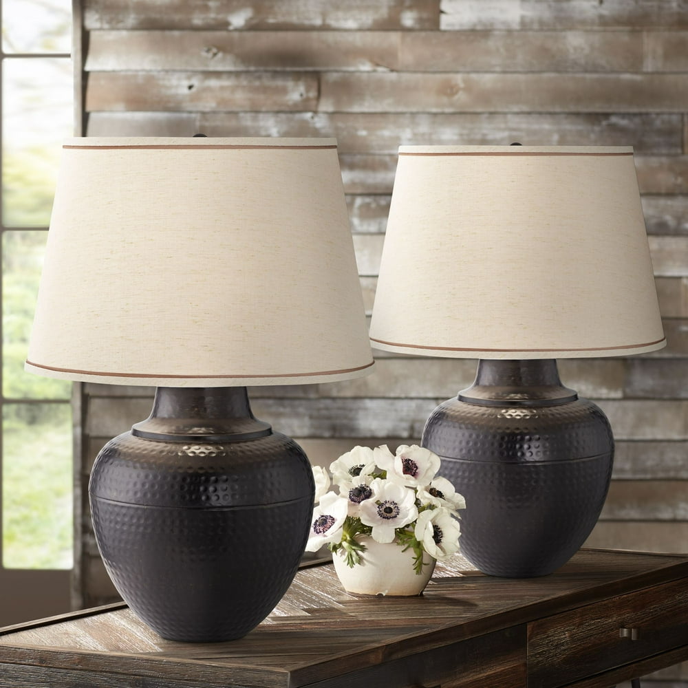 Barnes and Ivy Rustic Table Lamps Set of 2 Hammered Bronze Metal Pot ...