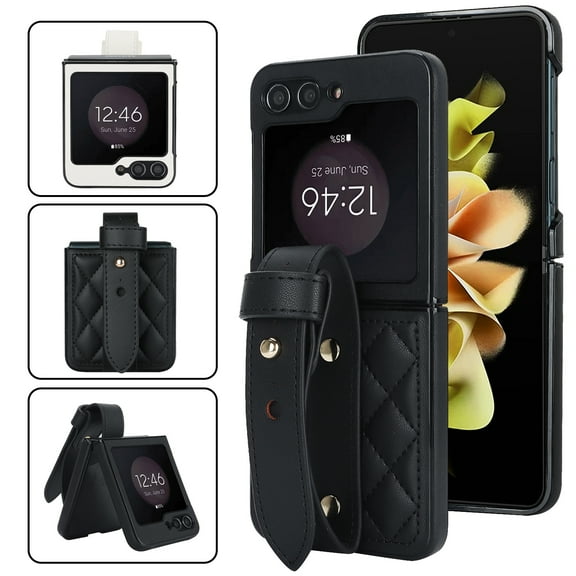 TECH CIRCLE Case for Galaxy Z Flip 6, Classic PU Leather Adjustable Wristband Kickstand Anti-Scratch Shockproof Protection Cover for Samsung Galaxy Z Flip 6 5G 2024,Black