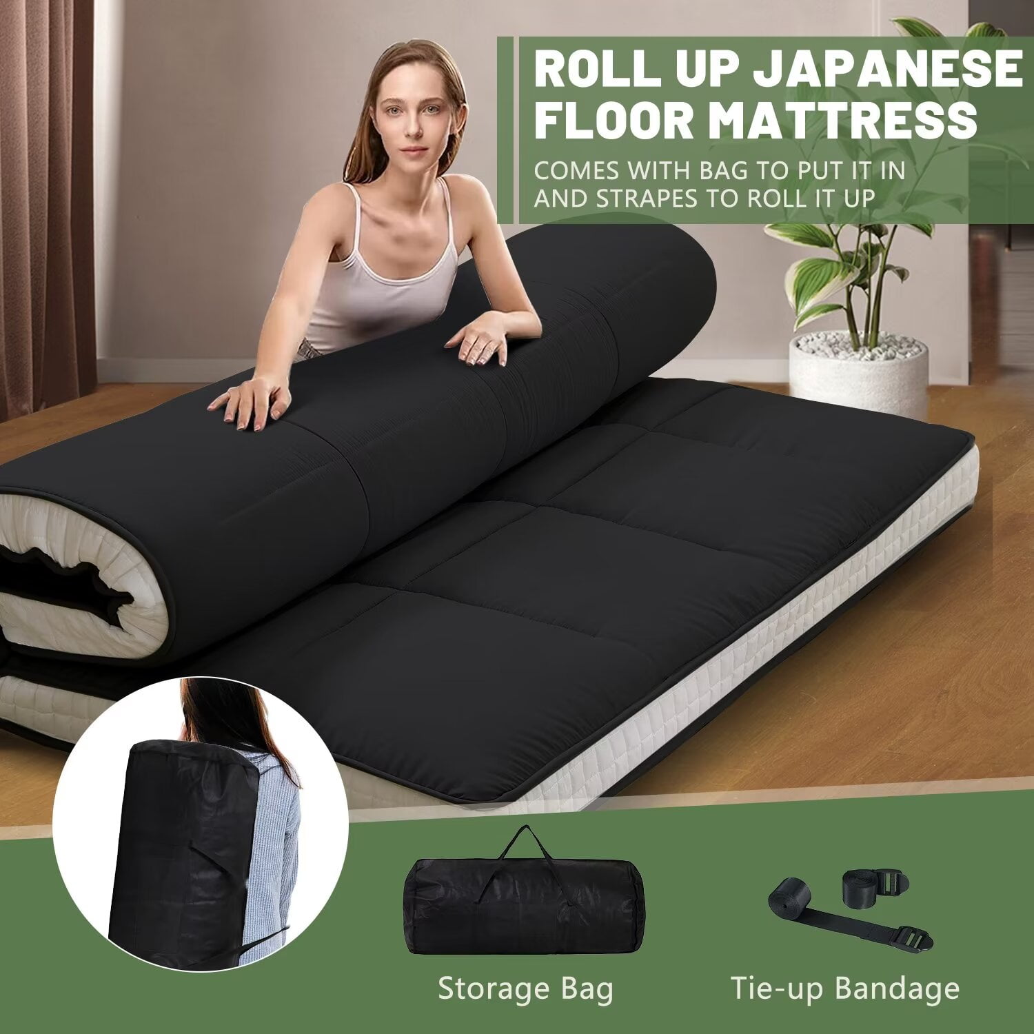 MOPHOTO Black Japanese Futon Mattress Extra Thick Folding Sleeping Pad Futon Mattress Portable Camping Mattress with Storage Bag, Twin