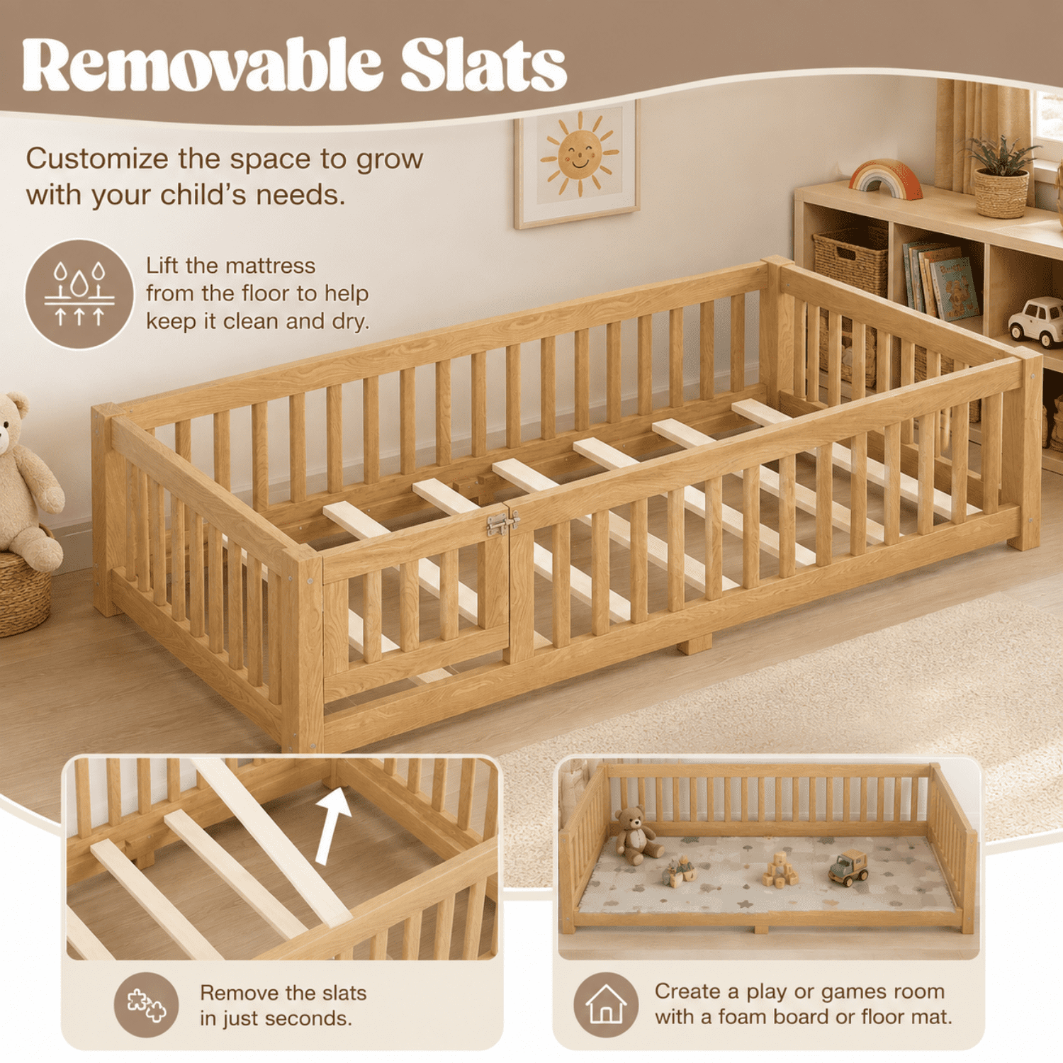 Miniyam Twin Floor Bed for Kids – Low Profile Wood Bed Frame with Rails, Natural