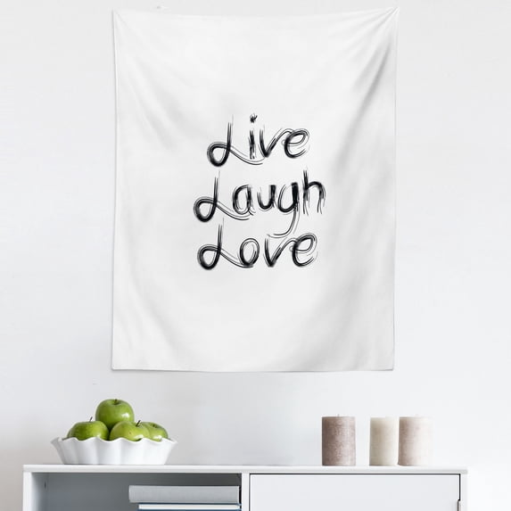 Live Laugh Love Tapestry, Abstract Hand Lettering Inspirational Words with Monochrome Design Lines, Fabric Wall Hanging Decor for Bedroom Living Room Dorm, 5 Sizes, Black White, by Ambesonne