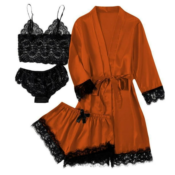 Gibobby Pijamas sexis de cuatro piezas para mujer, pantalones de pijama, conjunto de ropa de casa cómodo, se puede usar fuera de los pijamas (Anaranjado, S)
