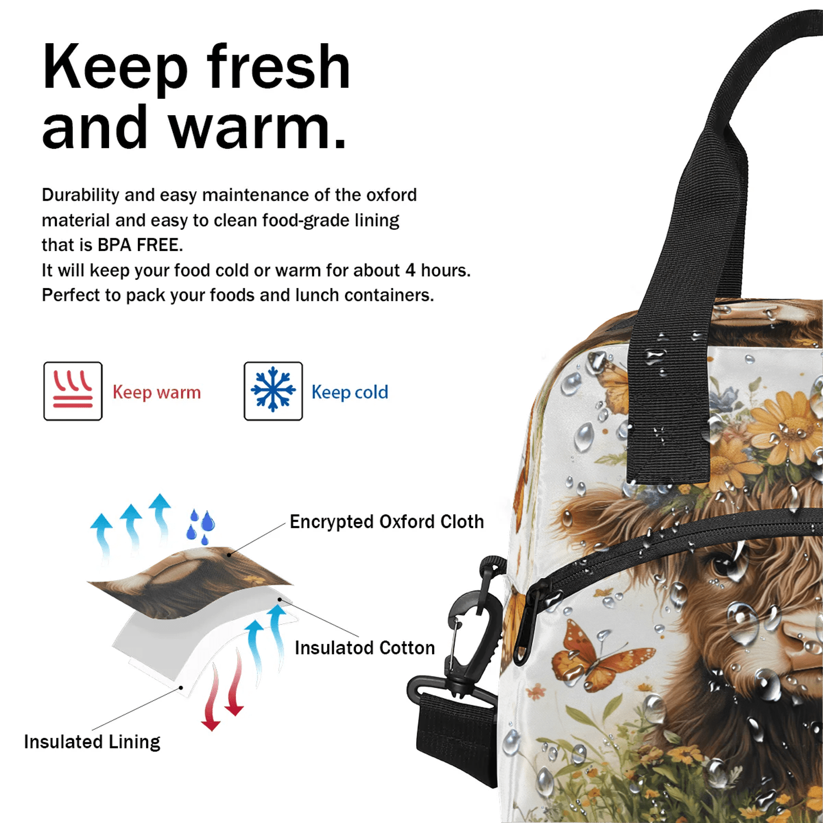 Herdesigns Highland Cow Lunch Bag for Women Men Adult, Cute Large Insulated Reusable Lunch Box Leakproof Portable Cooler Tote Bags for Work Picnic Beach