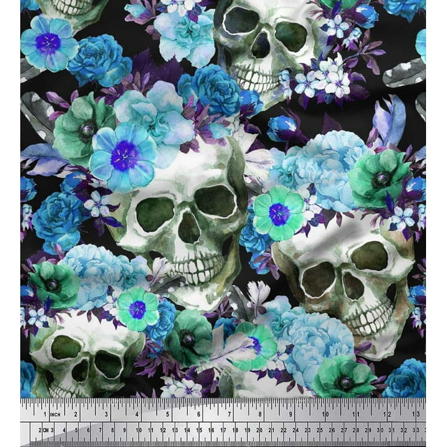 Soimoi Poly Georgette Fabric Skull,Rose & Anemone Flower Decor Fabric Printed Yard 52 Inch Wide