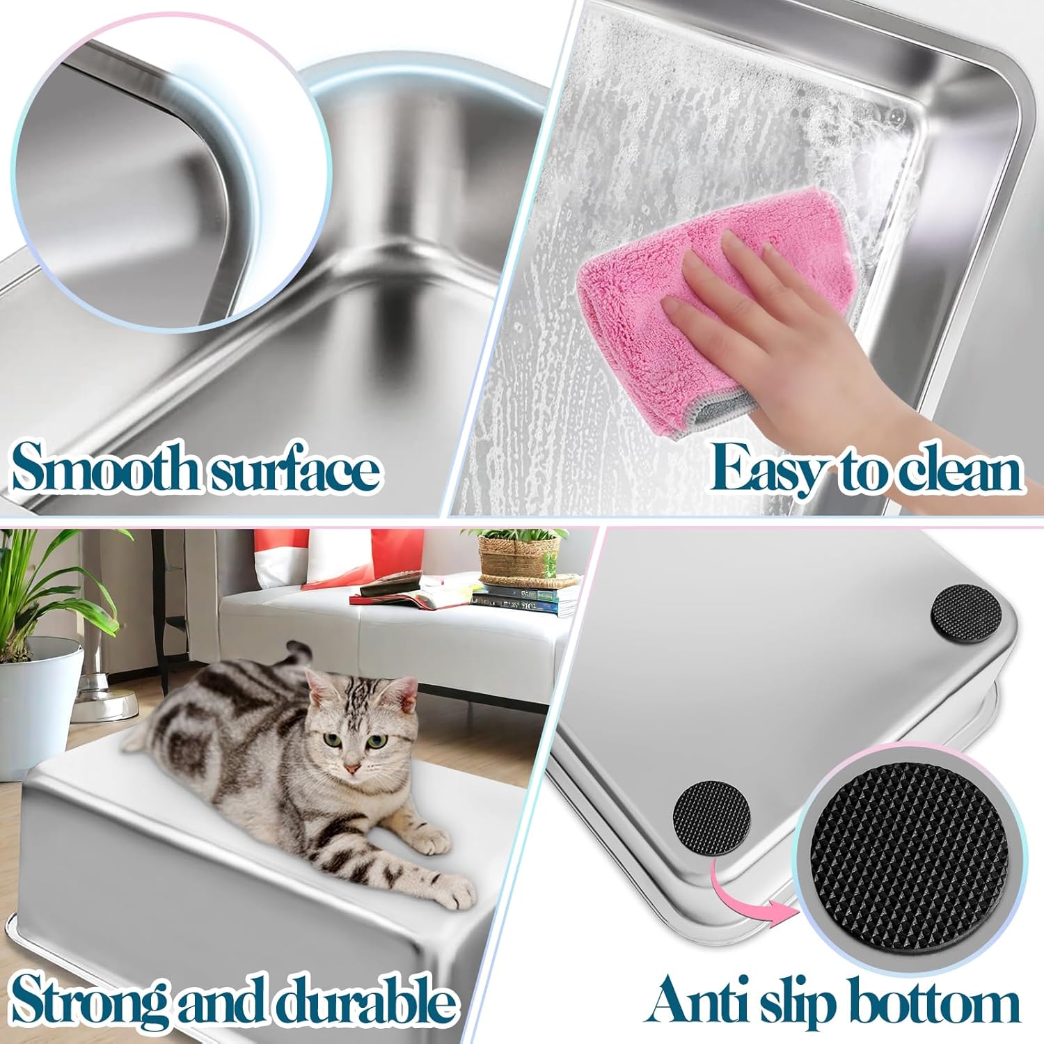 Stainless Steel Cat Litter Box with High Sides, Extra Large Open Metal Litter Pan, Easy to Clean, Rust Proof, Non Stick, Non Slip Rubber Feets (17.8"L x 13.8"W x 4"H)