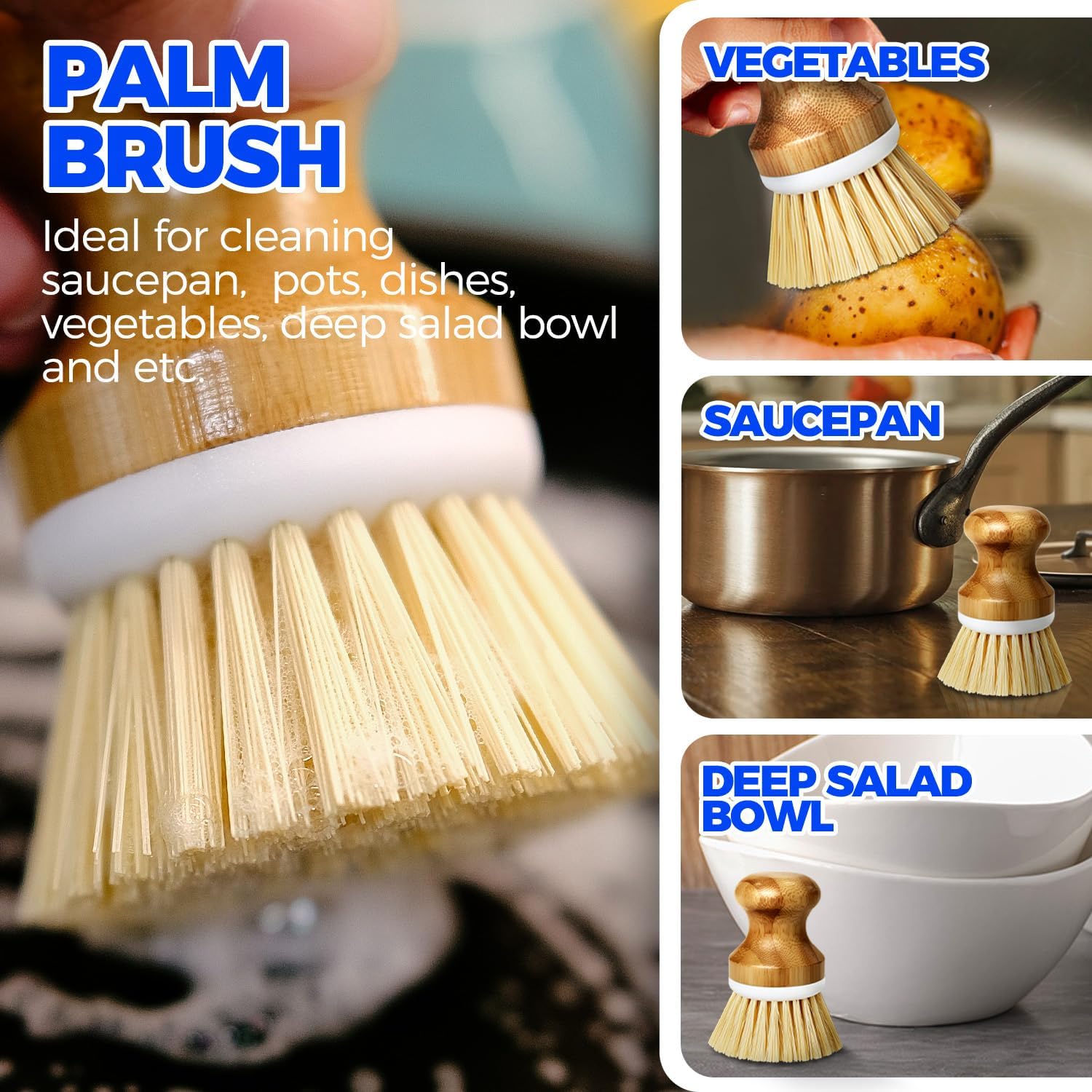 6 Pack Dish Brush Kitchen Brushes Set with Bottle Brush, Dish Brush, Palm Scrub Brush and Straw Brush, Fruit Vegetable Cleaning Brushes, Long Handle for Skillet Wok Pot Pan Cast Iron, Yellow