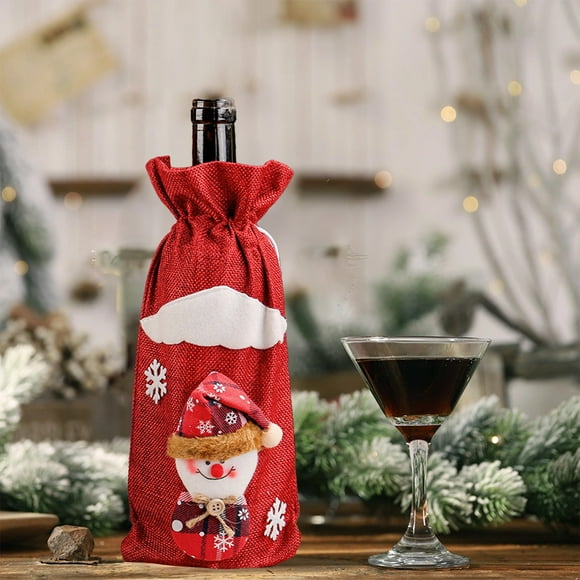 1 bolsa de vino navideña de tela con cordón, reutilizable, para decoración navideña.