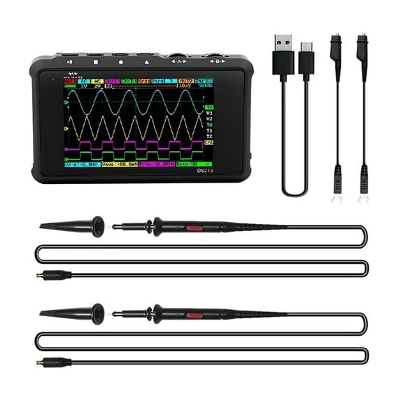 Handheld Oscilloscope DS213, Portable Oscilloscope Mini Size Handheld, Built-in Rechargeable Battery, 4 Channels, 15Mhz Bandwidth, Entry Level Oscilloscope for Beginner