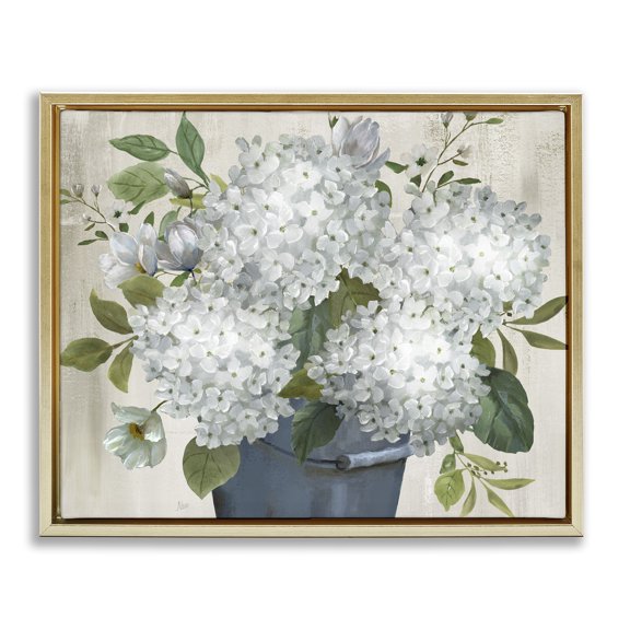 Stupell Industries Country Hydrangea Vase Botanical & Floral Painting Gold Floater Framed Art Print Wall Art, 21 x 17