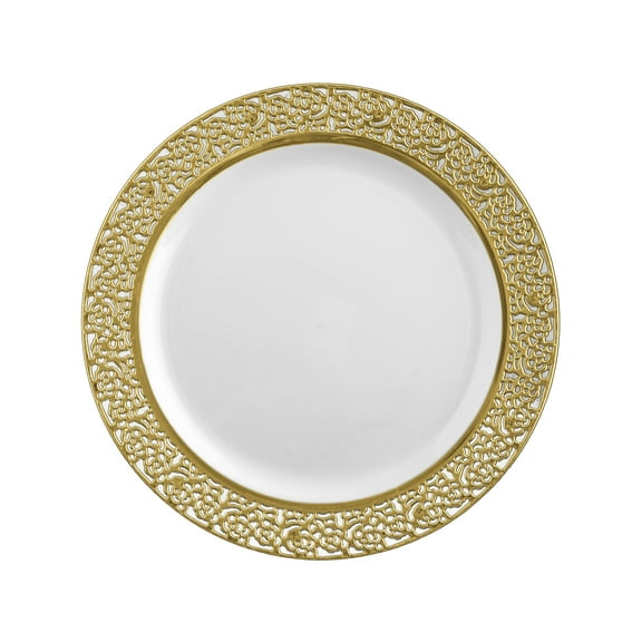 Inspiration 9" White w/ Gold Lace Border Luncheon Plastic Plates *Case of 120*