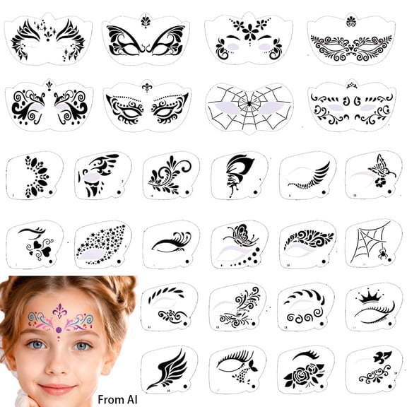 Face Paint Stencils Kits,Happon 28 Pcs Face Painting Stencils, Reusable Face Tattoo Painting Templates,Body Makeup Painting Templates for Kids Face Painting Holiday Party