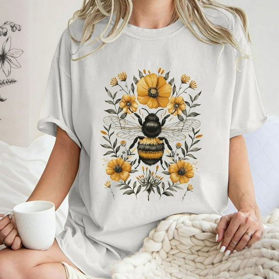 Njoeus Going Out Tops for Women T Shirts for Women Women's Summer Floral T Shirt Cute Bee Graphic Tee Loose Crew Neck Tees Short Sleeve Casual Tops Flowers Print Blouse S-Xxl Short Sleeve Womens Tops