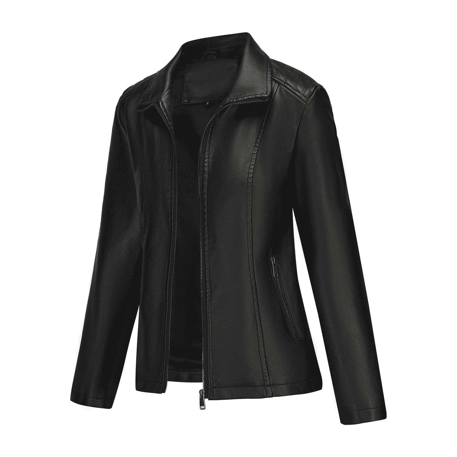 Panan Women's Faux Leather Jacket with Collar Long - Sleeve, Full - Zip Front & Side Zipper Pocket