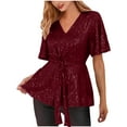 thumbnail image 3 of Women's Short Sleeve V Neck Wrap Belted Ruffle Peplum Blouse Tops, 2025, 3 of 6