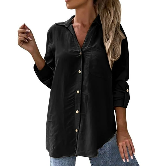 Yubnlvae Cotton-Linen Button-Up Shirts - 2025 Casual V-Neck Tops for Women (Breathable, Solid Color Chic) Black L