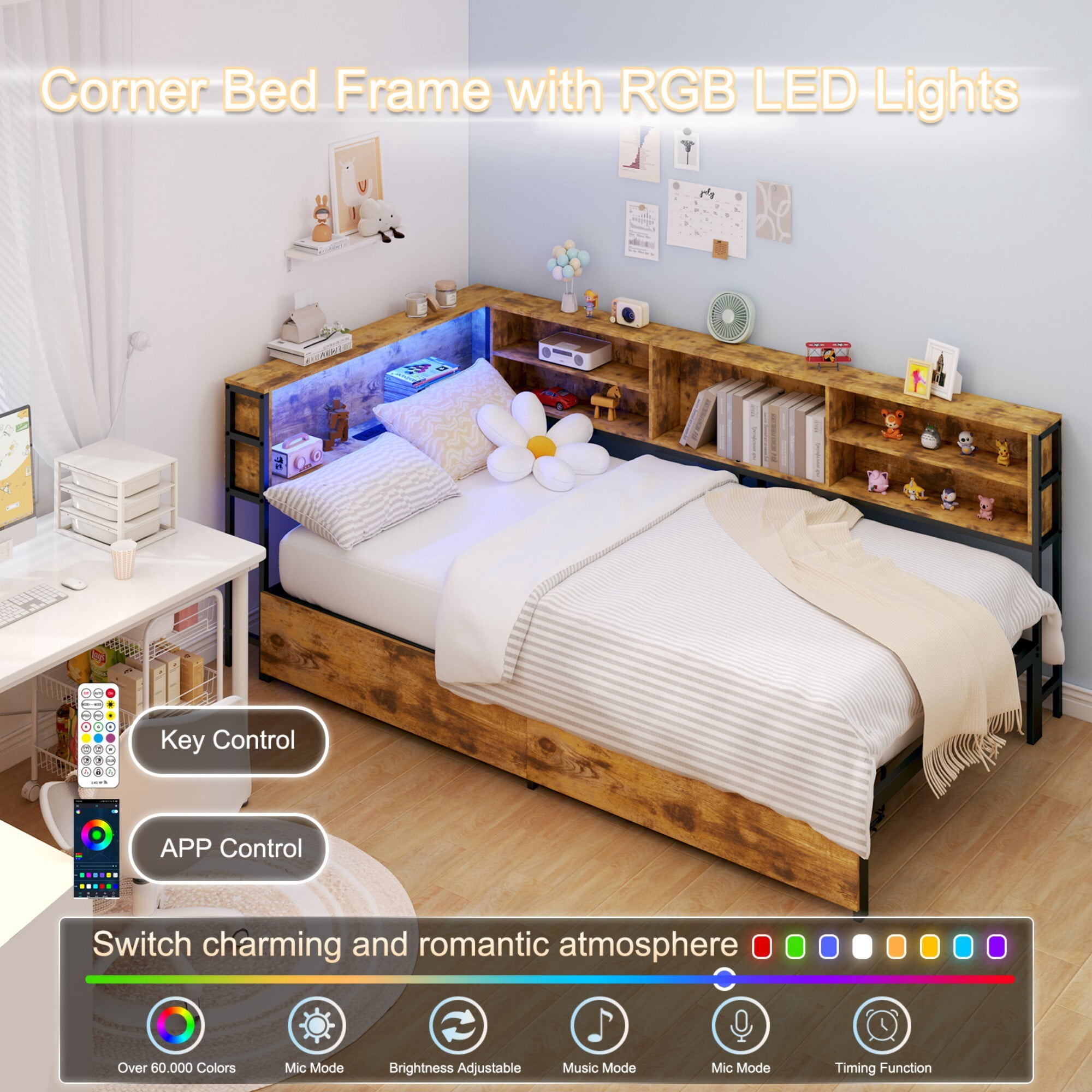 AENKYO Twin Size Corner Bed Frame with Charging Station, Smart LED Lights, Bookshelf Headboard & 2 Drawers, Rustic Brown