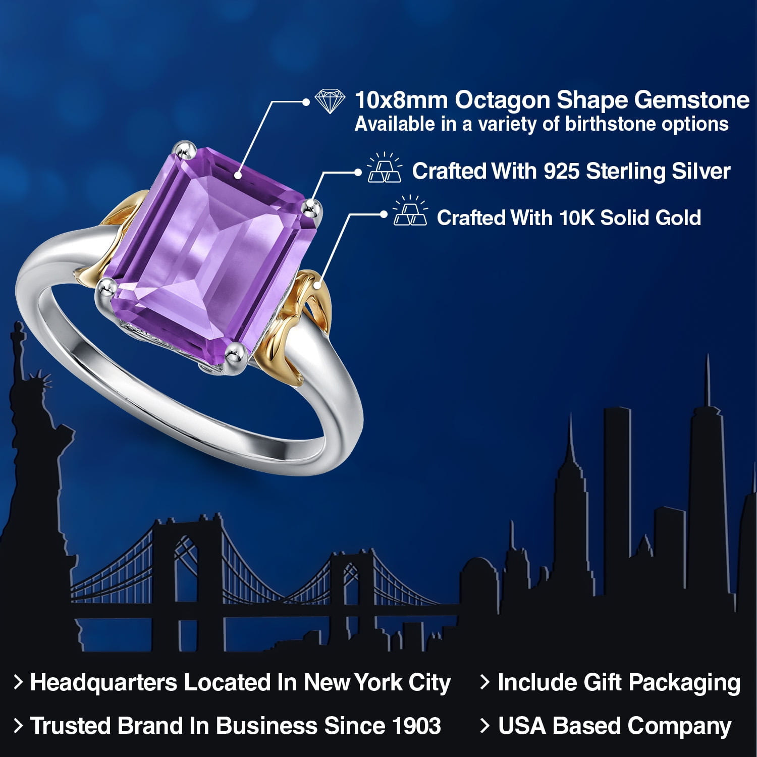 Gem Stone King 925 Silver and 10K Yellow Gold Purple Amethyst Solitaire Engagement Ring for Women | 3.50 Cttw | Octagon 10X8MM | Gemstone February Birthstone | Size 6