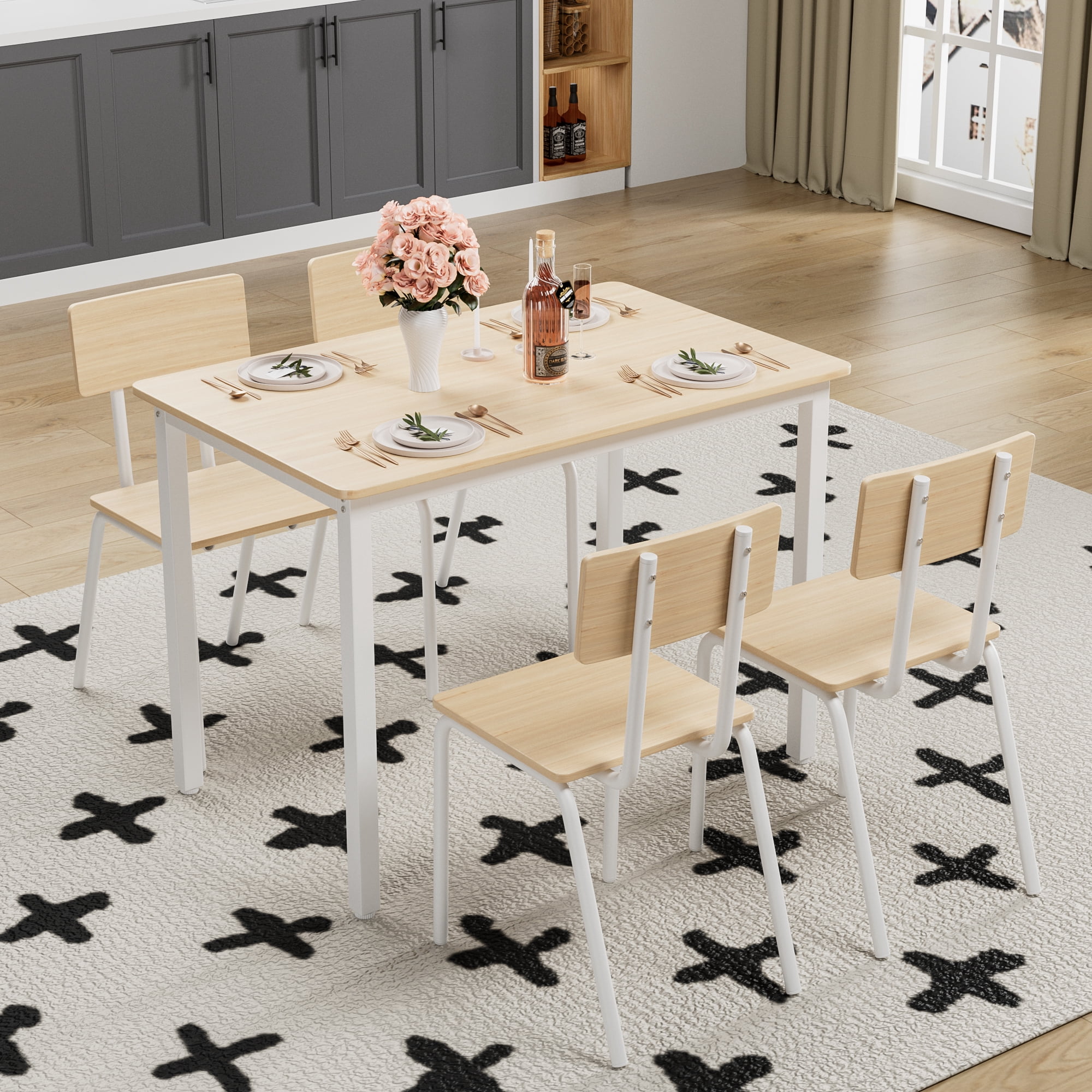 Homefun 5-Piece Dining Table Set,Rectangular Kitchen Table & 4 Chairs with Metal Frame, Easy Clean Small Space Dining Furniture