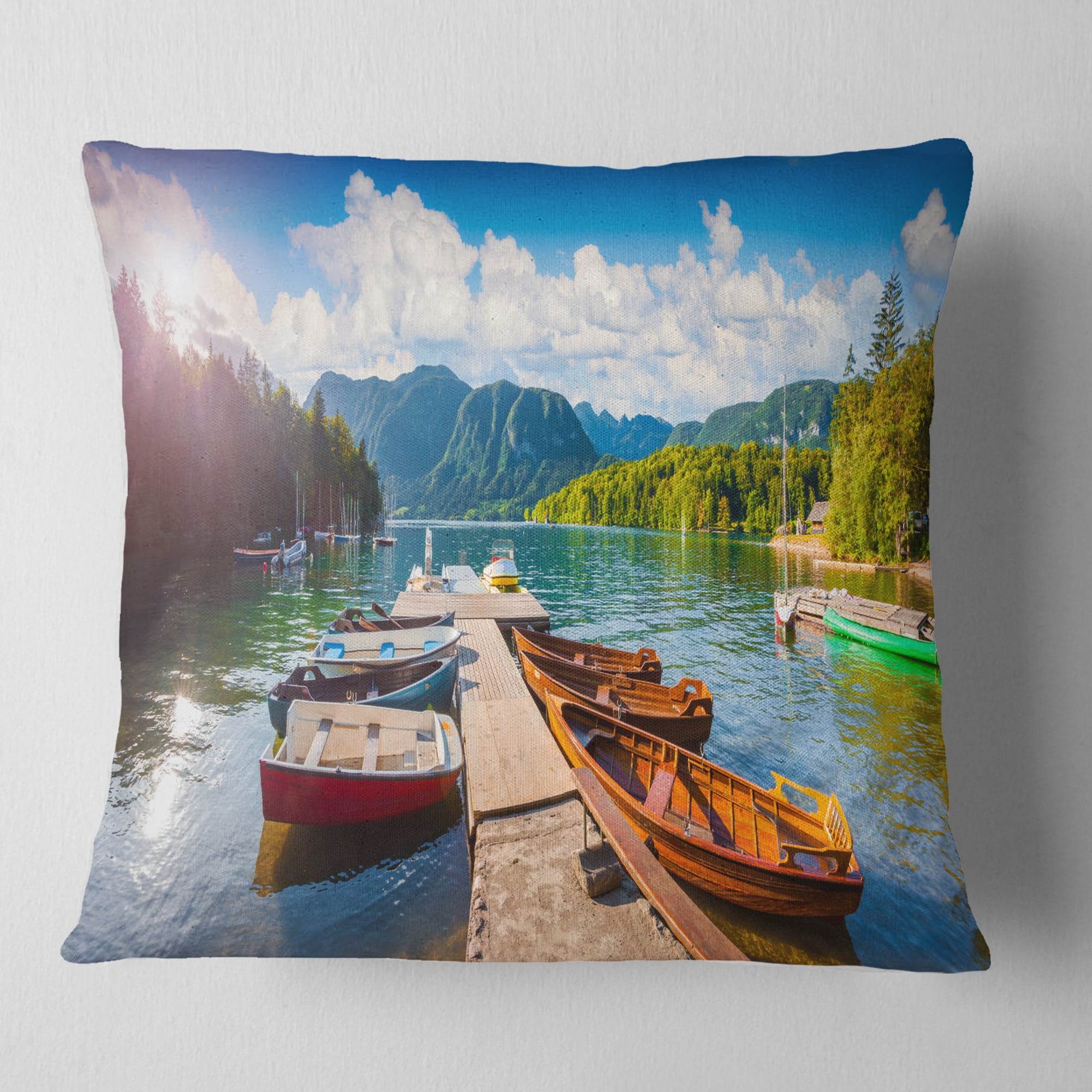 Designart Bohinj Lake Sunny Morning - Landscape Photography Throw Pillow - 18x18
